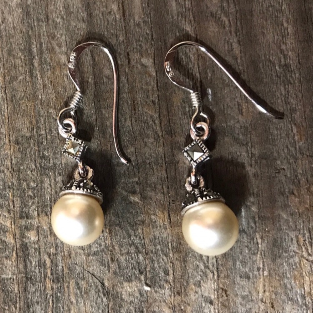 STERLING SILVER MARCASITE FAUX PEARL EARRINGS 925